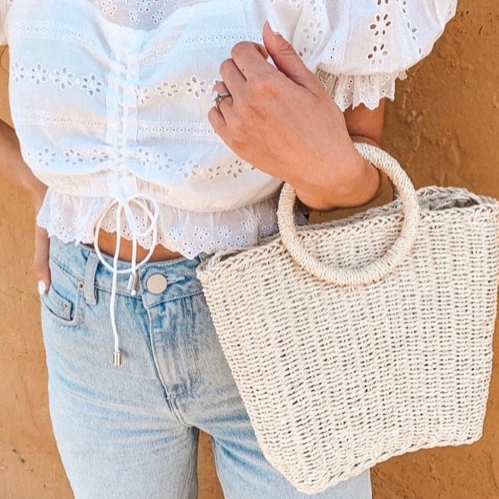 Woven Rattan Top Handle Bag Boho Straw Purse Summer Coastal Chic